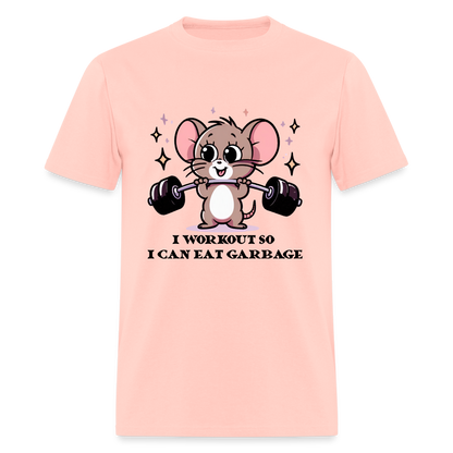 I Workout So I Can Eat Garbage T-Shirt (with Mouse Lifting Weights) - blush pink 