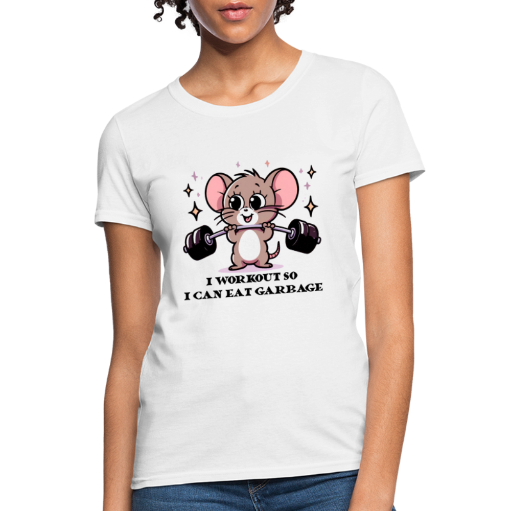 I Workout So I Can Eat Garbage Women's Contoured T-Shirt (Cute Mouse Lifting Weights) - white