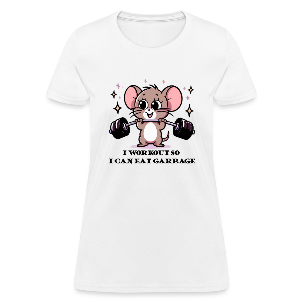 I Workout So I Can Eat Garbage Women's Contoured T-Shirt (Cute Mouse Lifting Weights) - white