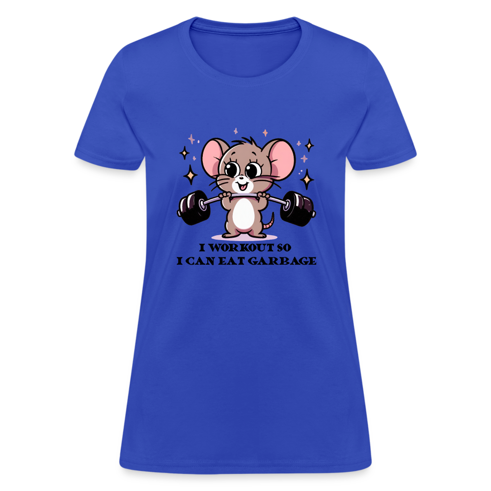 I Workout So I Can Eat Garbage Women's Contoured T-Shirt (Cute Mouse Lifting Weights) - royal blue