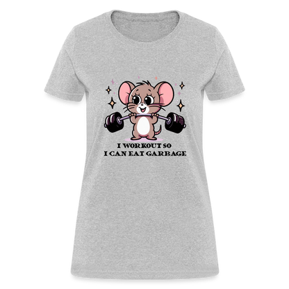 I Workout So I Can Eat Garbage Women's Contoured T-Shirt (Cute Mouse Lifting Weights) - heather gray