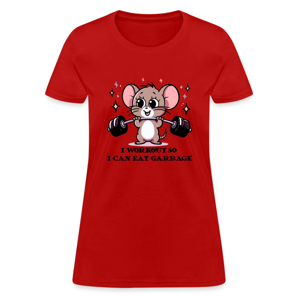 I Workout So I Can Eat Garbage Women's Contoured T-Shirt (Cute Mouse Lifting Weights) - red