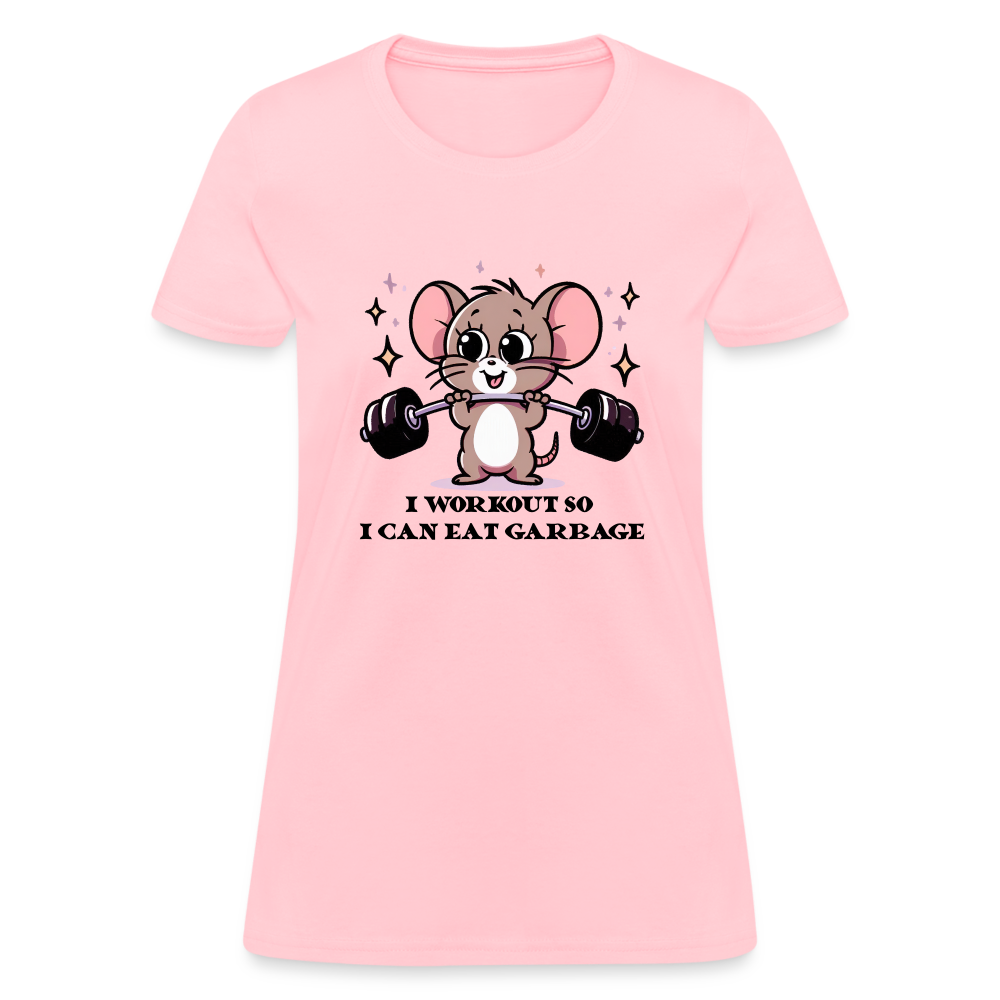 I Workout So I Can Eat Garbage Women's Contoured T-Shirt (Cute Mouse Lifting Weights) - pink