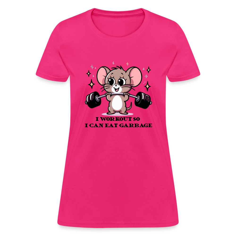 I Workout So I Can Eat Garbage Women's Contoured T-Shirt (Cute Mouse Lifting Weights) - fuchsia