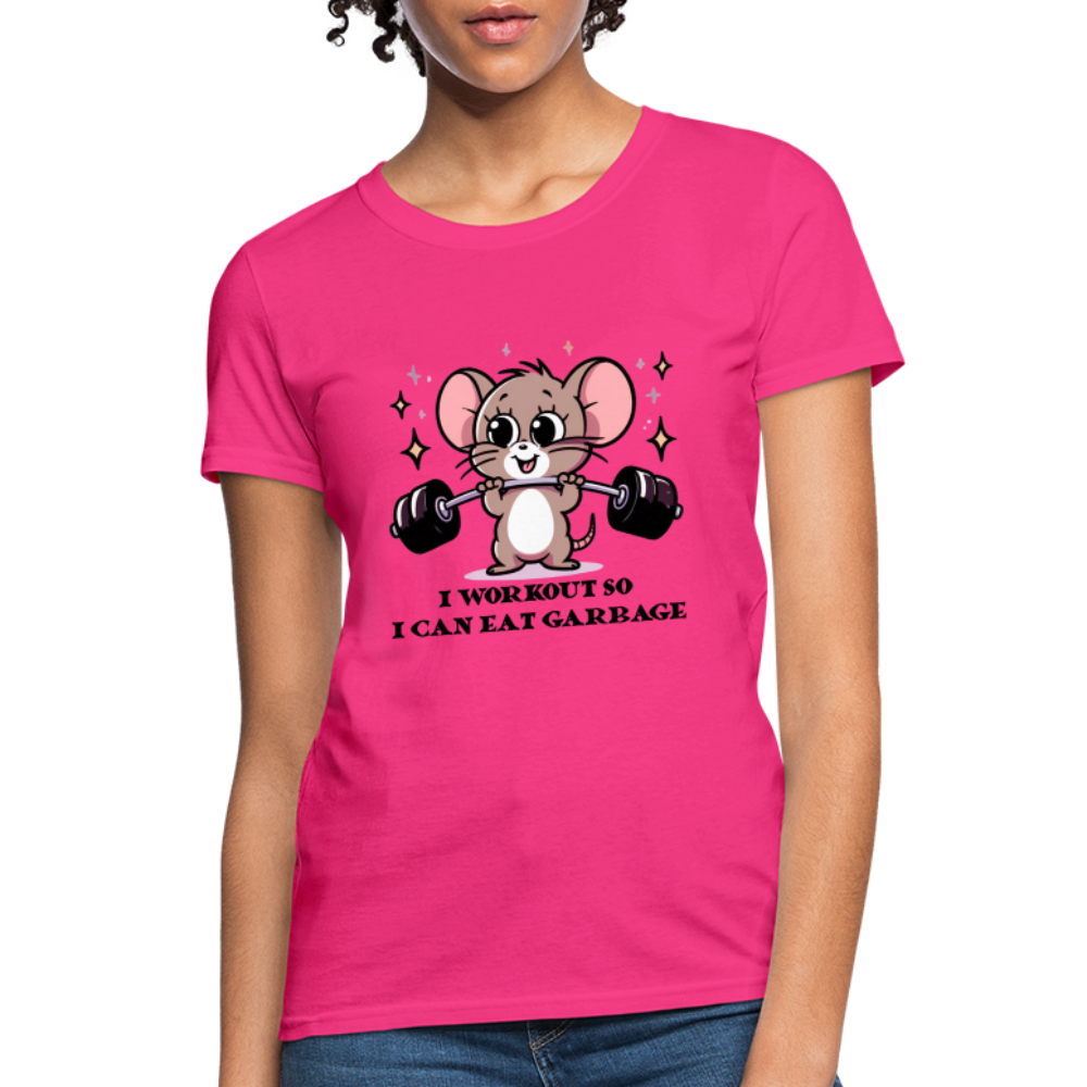 I Workout So I Can Eat Garbage Women's Contoured T-Shirt (Cute Mouse Lifting Weights) - fuchsia