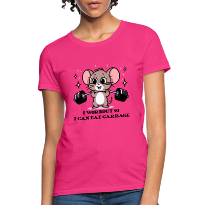 I Workout So I Can Eat Garbage Women's Contoured T-Shirt (Cute Mouse Lifting Weights) - fuchsia