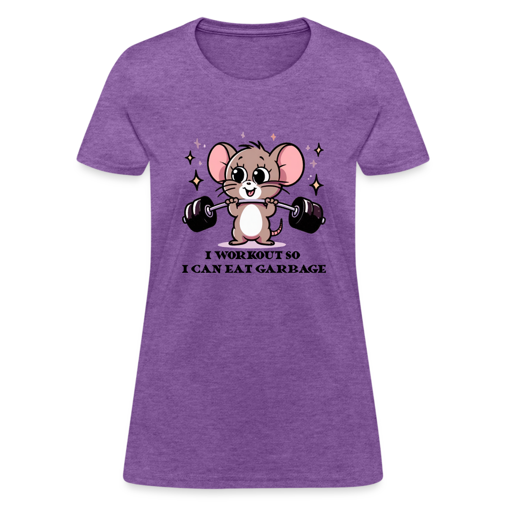 I Workout So I Can Eat Garbage Women's Contoured T-Shirt (Cute Mouse Lifting Weights) - purple heather