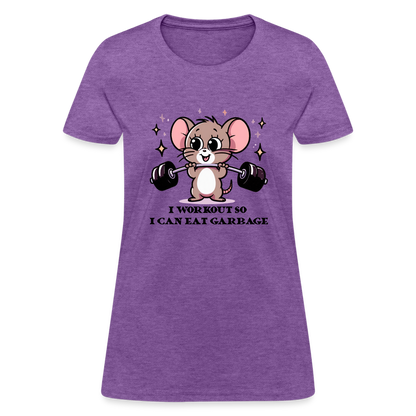 I Workout So I Can Eat Garbage Women's Contoured T-Shirt (Cute Mouse Lifting Weights) - purple heather