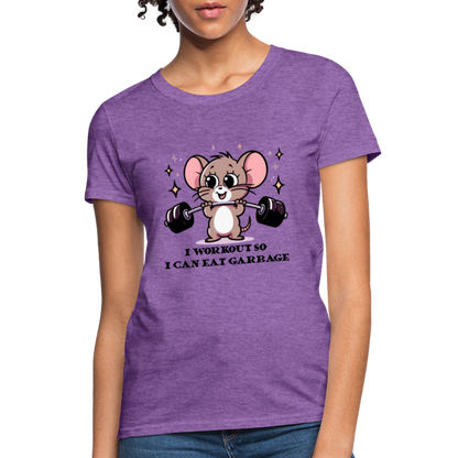 I Workout So I Can Eat Garbage Women's Contoured T-Shirt (Cute Mouse Lifting Weights) - purple heather