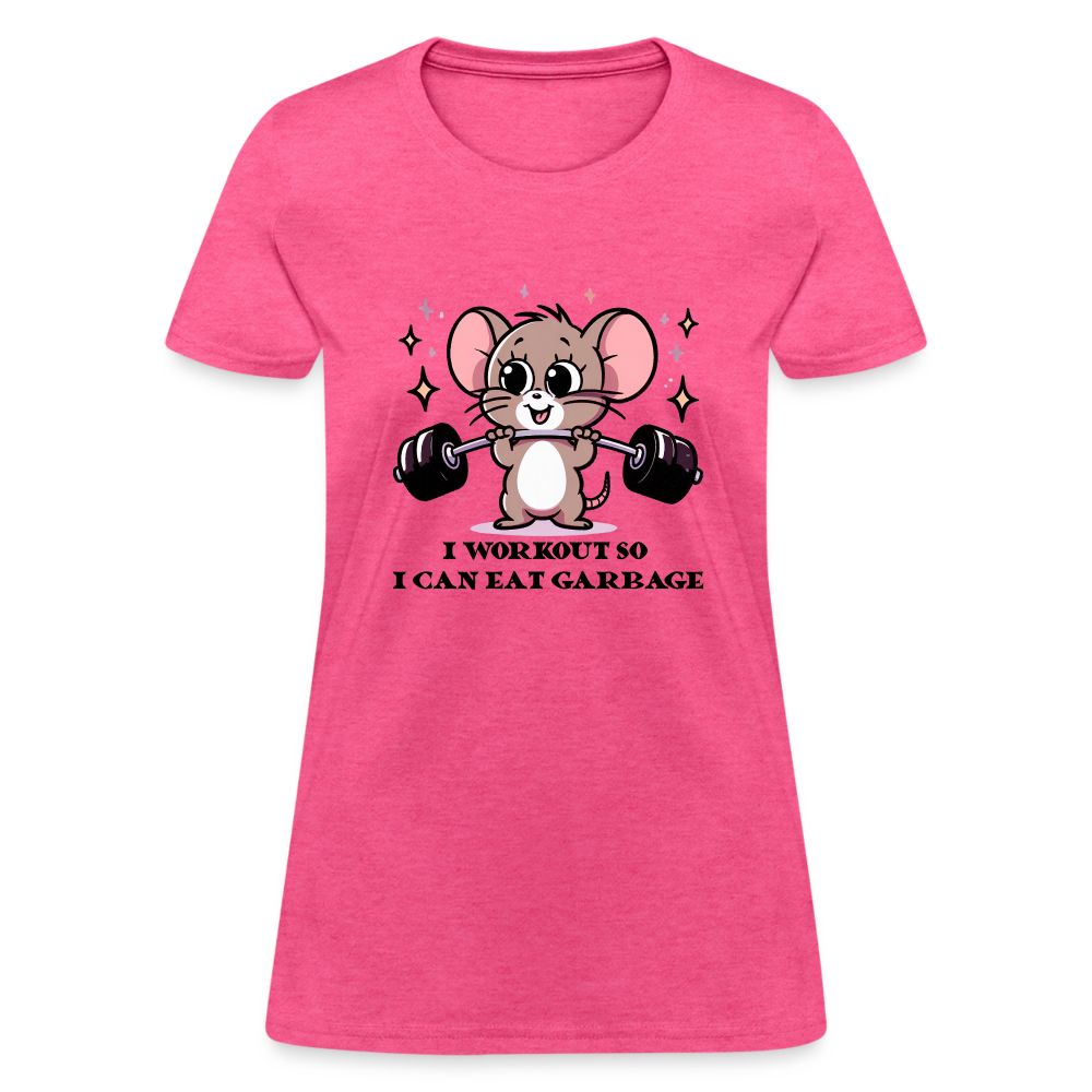 I Workout So I Can Eat Garbage Women's Contoured T-Shirt (Cute Mouse Lifting Weights) - heather pink