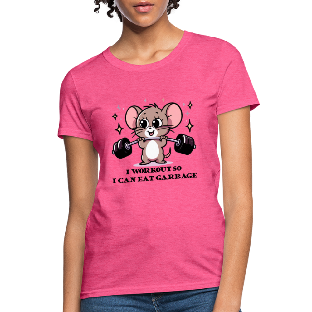 I Workout So I Can Eat Garbage Women's Contoured T-Shirt (Cute Mouse Lifting Weights) - heather pink