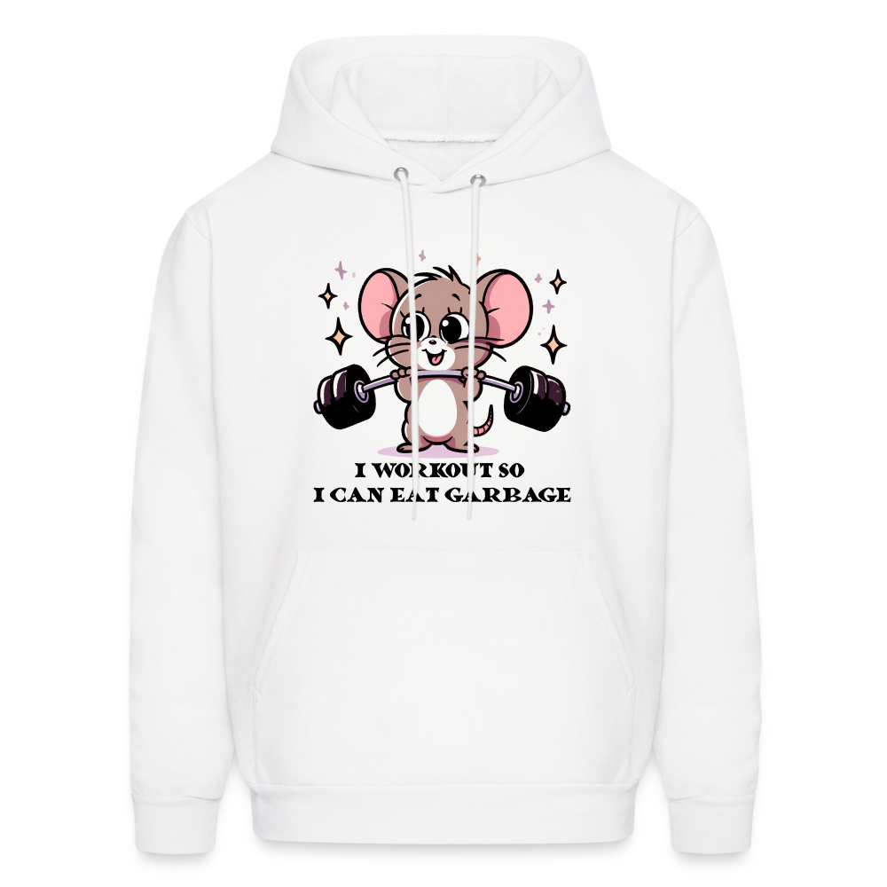 I Workout So I Can Eat Garbage Hoodie (Cute Mouse Lifting Weights) - white