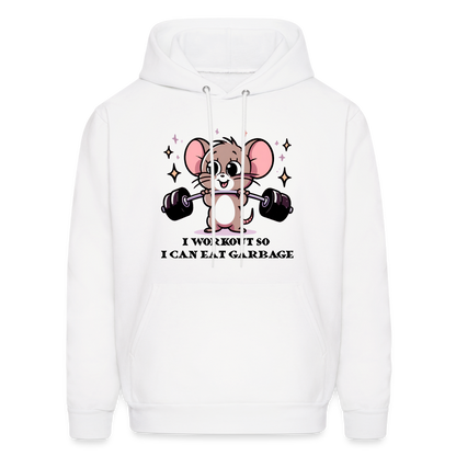 I Workout So I Can Eat Garbage Hoodie (Cute Mouse Lifting Weights) - white