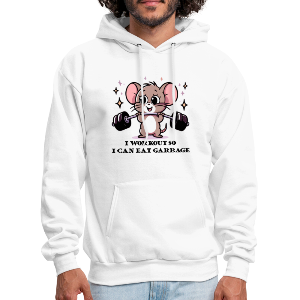 I Workout So I Can Eat Garbage Hoodie (Cute Mouse Lifting Weights) - white