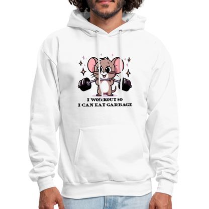 I Workout So I Can Eat Garbage Hoodie (Cute Mouse Lifting Weights) - white