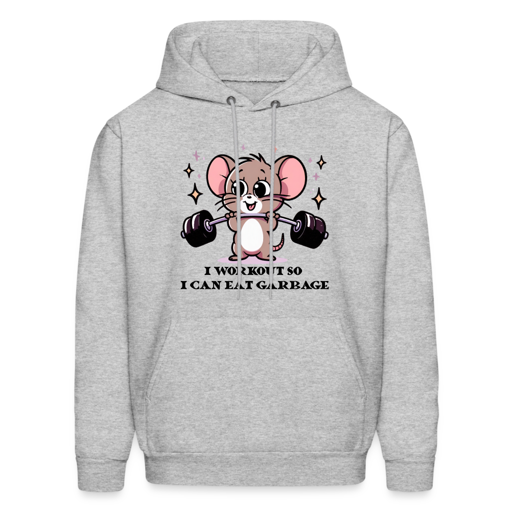 I Workout So I Can Eat Garbage Hoodie (Cute Mouse Lifting Weights) - heather gray