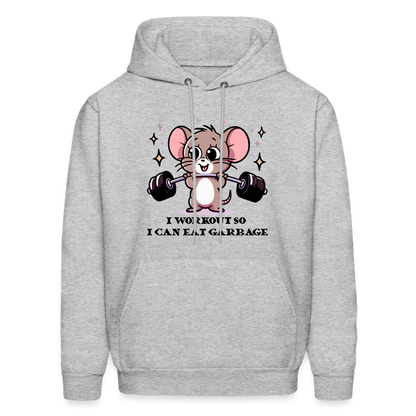 I Workout So I Can Eat Garbage Hoodie (Cute Mouse Lifting Weights) - heather gray