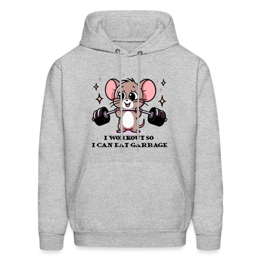 I Workout So I Can Eat Garbage Hoodie (Cute Mouse Lifting Weights) - heather gray