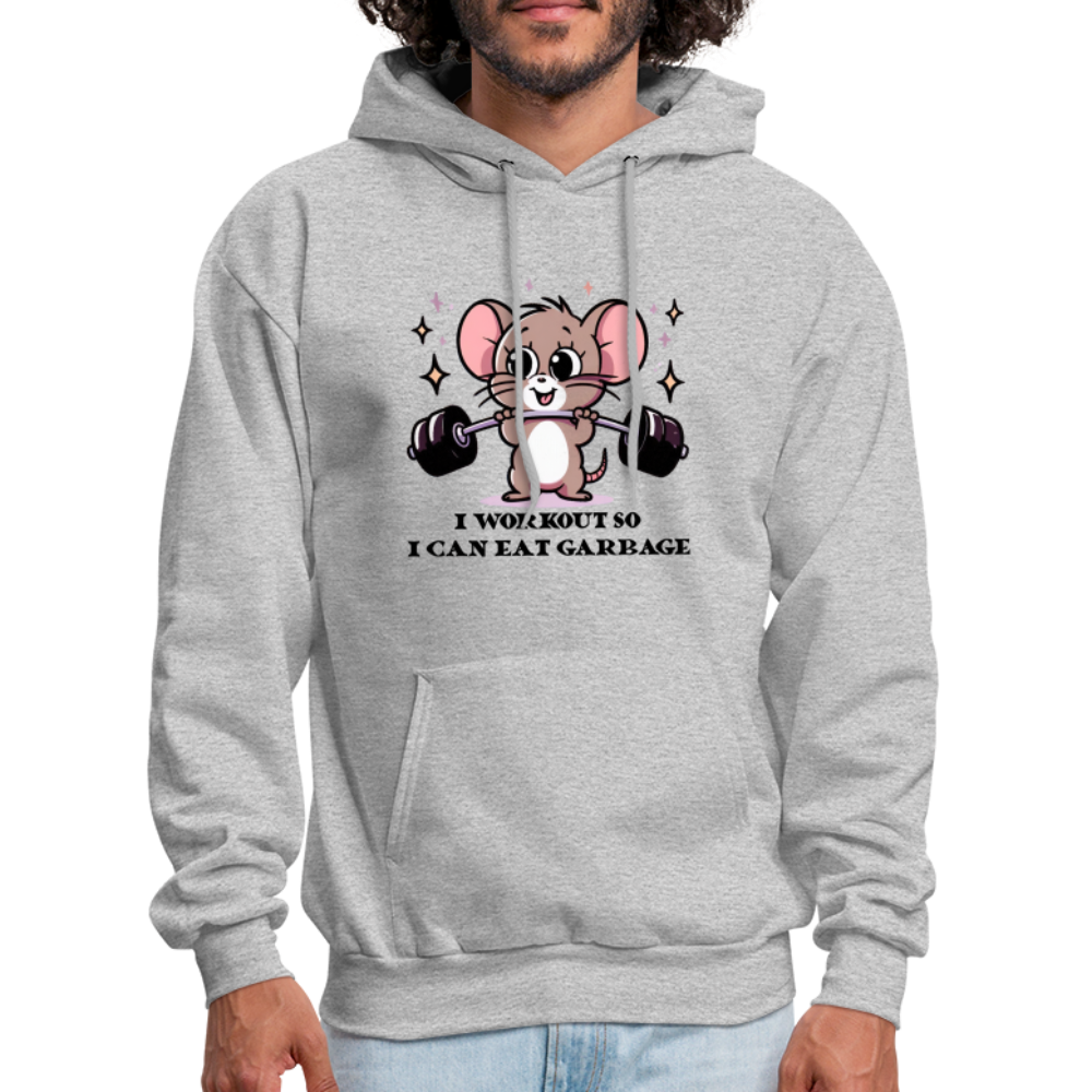 I Workout So I Can Eat Garbage Hoodie (Cute Mouse Lifting Weights) - heather gray