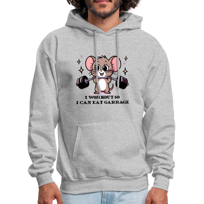 I Workout So I Can Eat Garbage Hoodie (Cute Mouse Lifting Weights) - heather gray