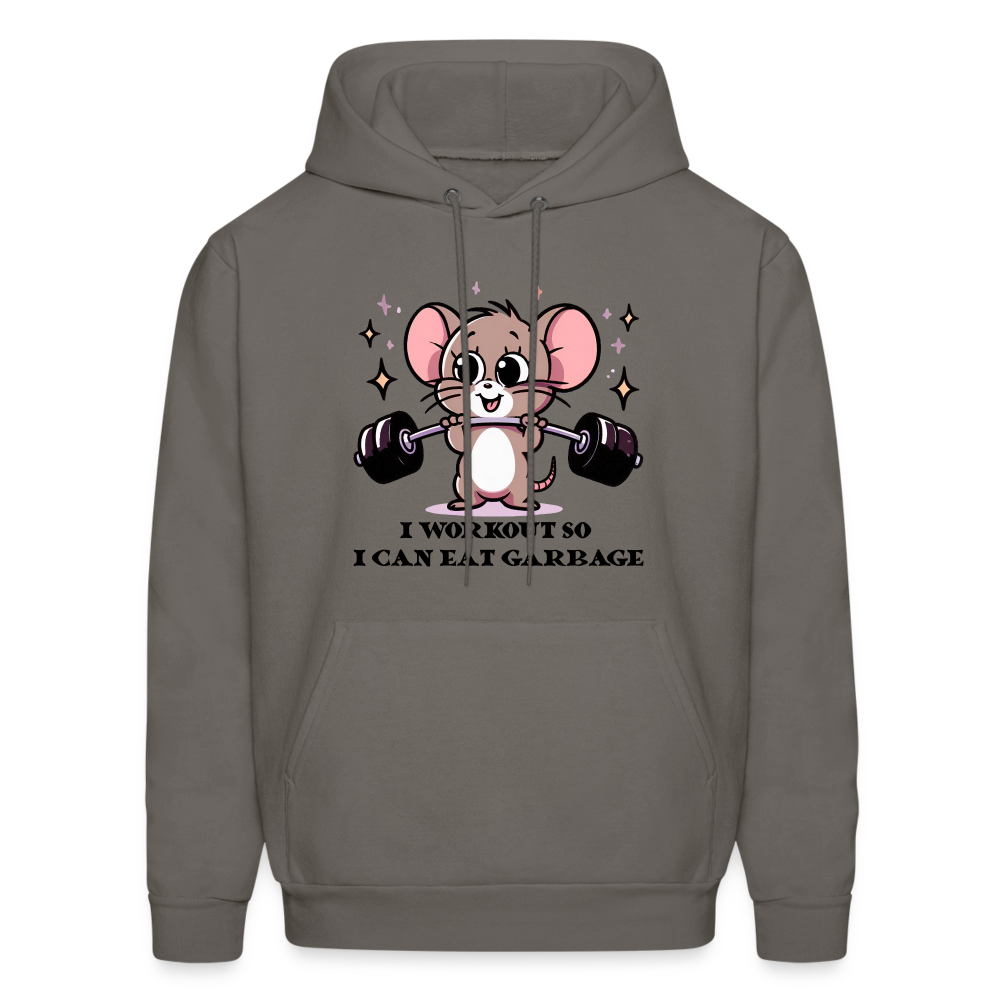 I Workout So I Can Eat Garbage Hoodie (Cute Mouse Lifting Weights) - asphalt gray