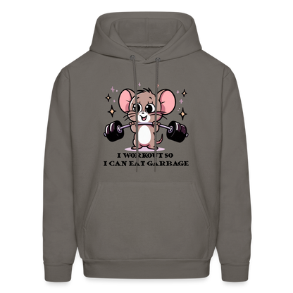 I Workout So I Can Eat Garbage Hoodie (Cute Mouse Lifting Weights) - asphalt gray