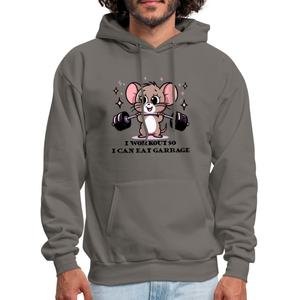 I Workout So I Can Eat Garbage Hoodie (Cute Mouse Lifting Weights) - asphalt gray