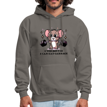 I Workout So I Can Eat Garbage Hoodie (Cute Mouse Lifting Weights) - asphalt gray