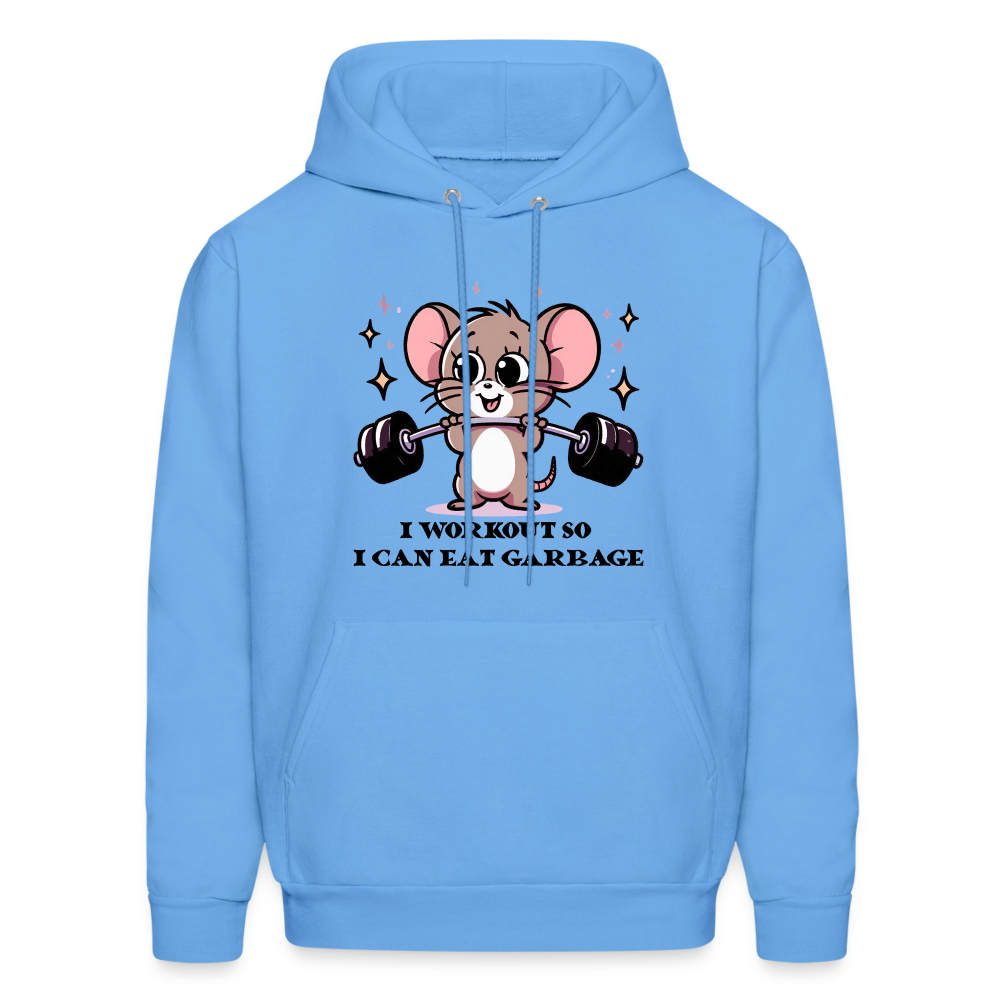 I Workout So I Can Eat Garbage Hoodie (Cute Mouse Lifting Weights) - carolina blue