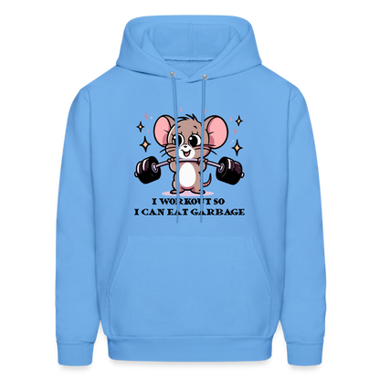 I Workout So I Can Eat Garbage Hoodie (Cute Mouse Lifting Weights) - carolina blue