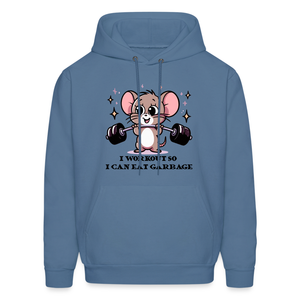 I Workout So I Can Eat Garbage Hoodie (Cute Mouse Lifting Weights) - denim blue