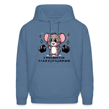 I Workout So I Can Eat Garbage Hoodie (Cute Mouse Lifting Weights) - denim blue