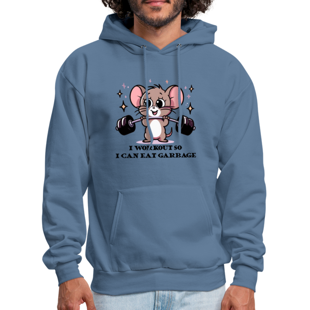 I Workout So I Can Eat Garbage Hoodie (Cute Mouse Lifting Weights) - denim blue