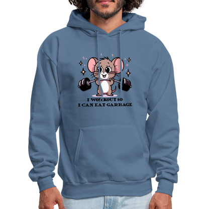 I Workout So I Can Eat Garbage Hoodie (Cute Mouse Lifting Weights) - denim blue