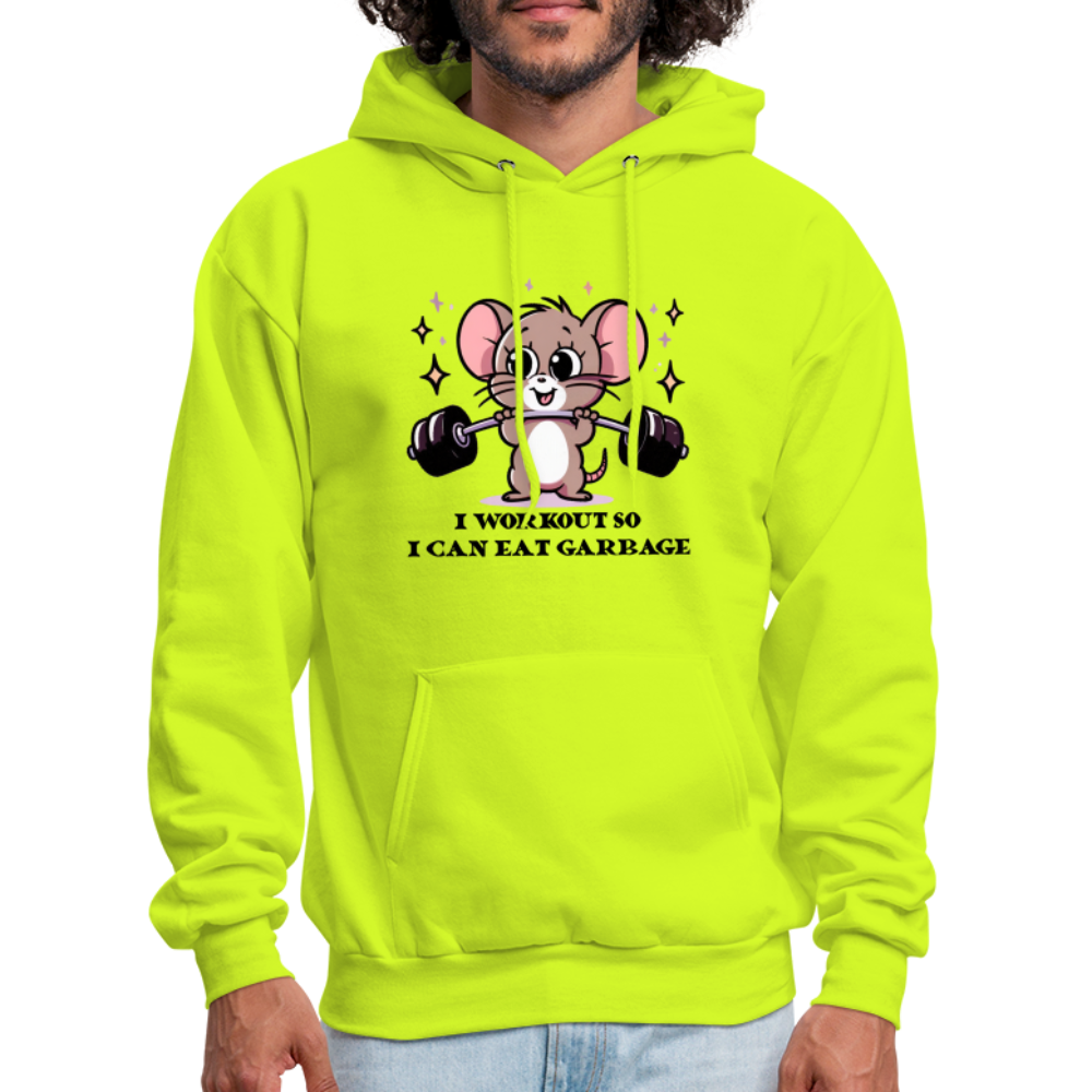 I Workout So I Can Eat Garbage Hoodie (Cute Mouse Lifting Weights) - safety green