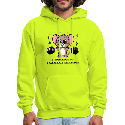 I Workout So I Can Eat Garbage Hoodie (Cute Mouse Lifting Weights) - safety green