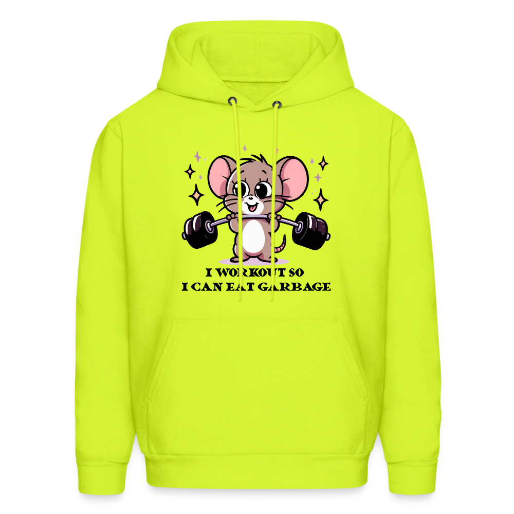 I Workout So I Can Eat Garbage Hoodie (Cute Mouse Lifting Weights) - safety green