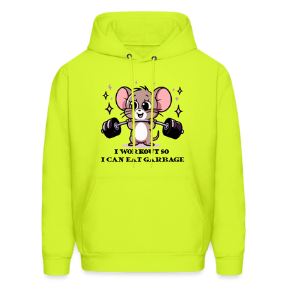 I Workout So I Can Eat Garbage Hoodie (Cute Mouse Lifting Weights) - safety green