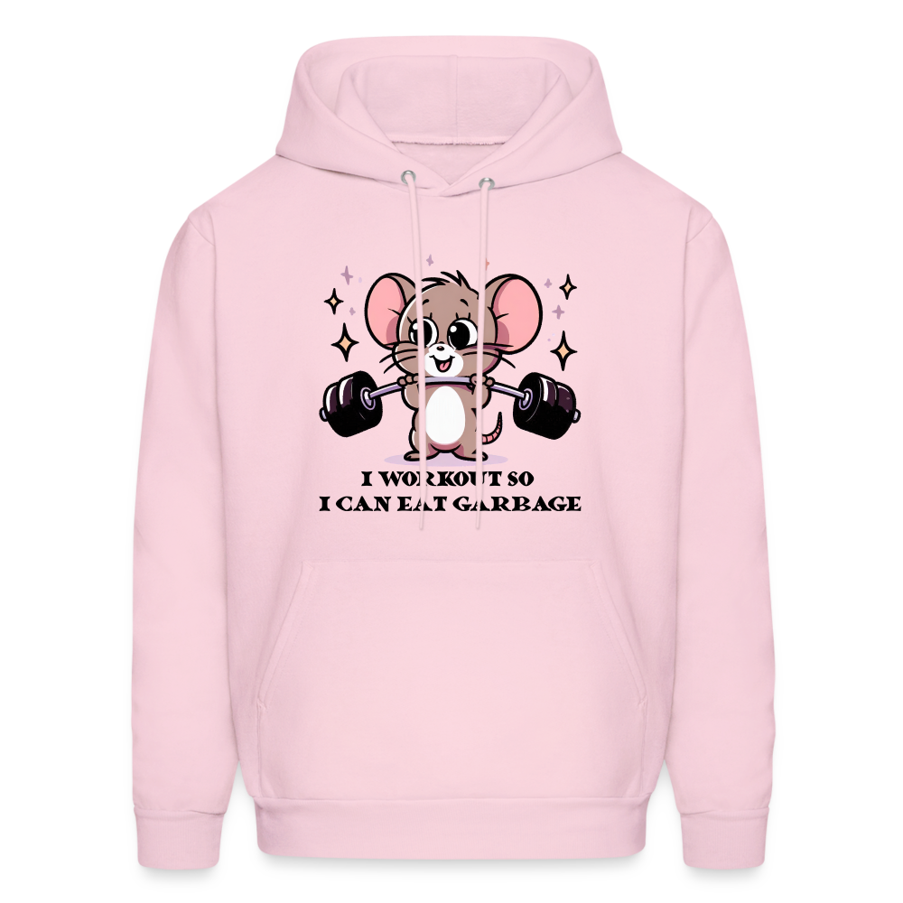 I Workout So I Can Eat Garbage Hoodie (Cute Mouse Lifting Weights) - pale pink