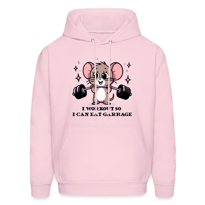 I Workout So I Can Eat Garbage Hoodie (Cute Mouse Lifting Weights) - pale pink