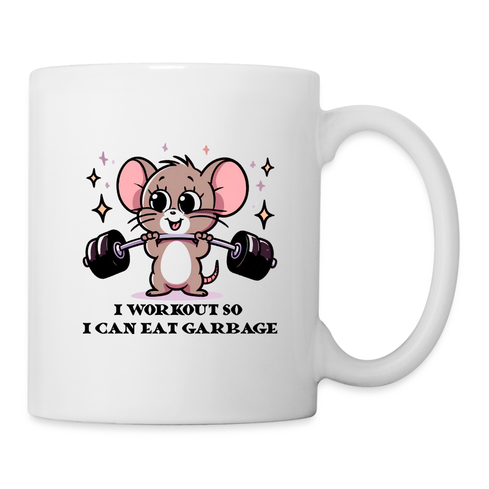 I Workout So I Can Eat Garbage Coffee Mug (Cute Mouse Lifting Weights) - white