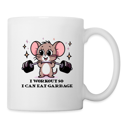 I Workout So I Can Eat Garbage Coffee Mug (Cute Mouse Lifting Weights) - white