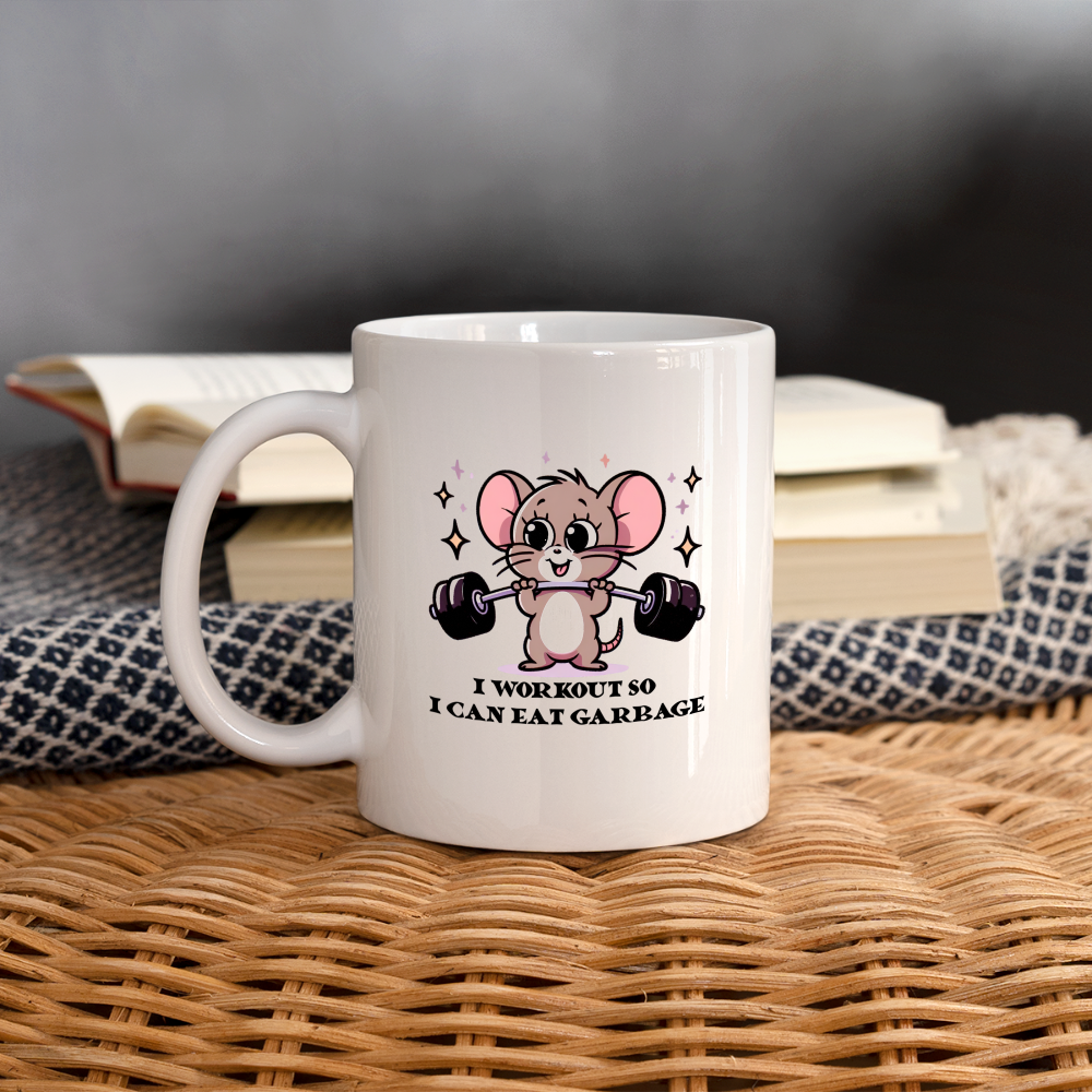 I Workout So I Can Eat Garbage Coffee Mug (Cute Mouse Lifting Weights) - white