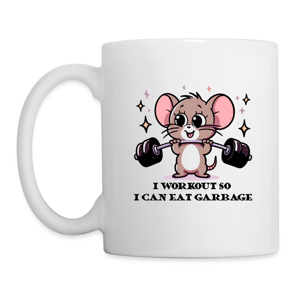 I Workout So I Can Eat Garbage Coffee Mug (Cute Mouse Lifting Weights) - white