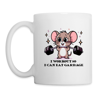 I Workout So I Can Eat Garbage Coffee Mug (Cute Mouse Lifting Weights) - white