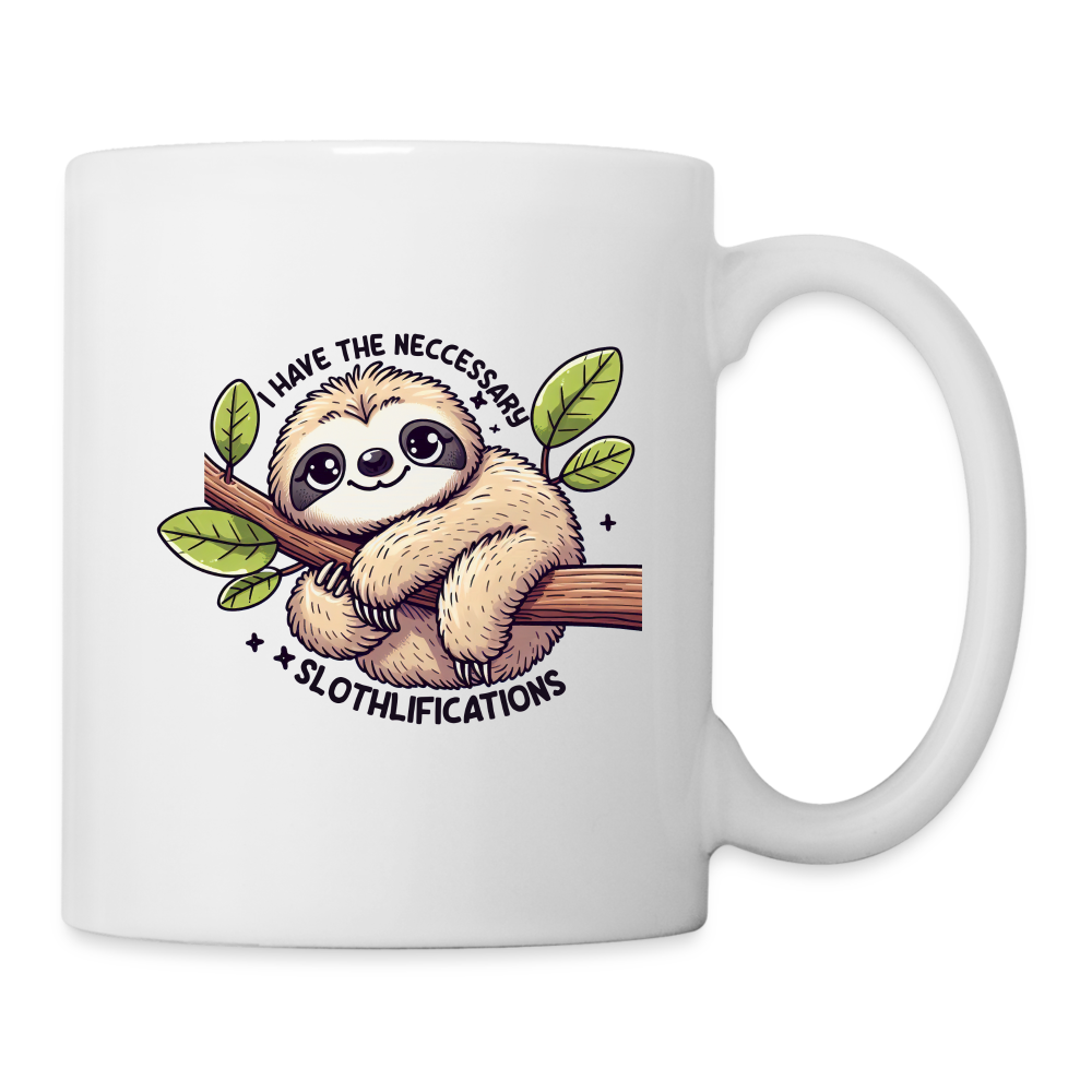 Have The Neccessary Slothlifications Coffee Mug (Cute Sloth Hugging a Tree) - white