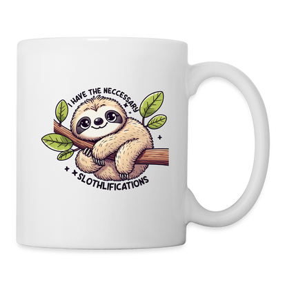 Have The Neccessary Slothlifications Coffee Mug (Cute Sloth Hugging a Tree) - white