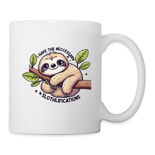 Have The Neccessary Slothlifications Coffee Mug (Cute Sloth Hugging a Tree) - white