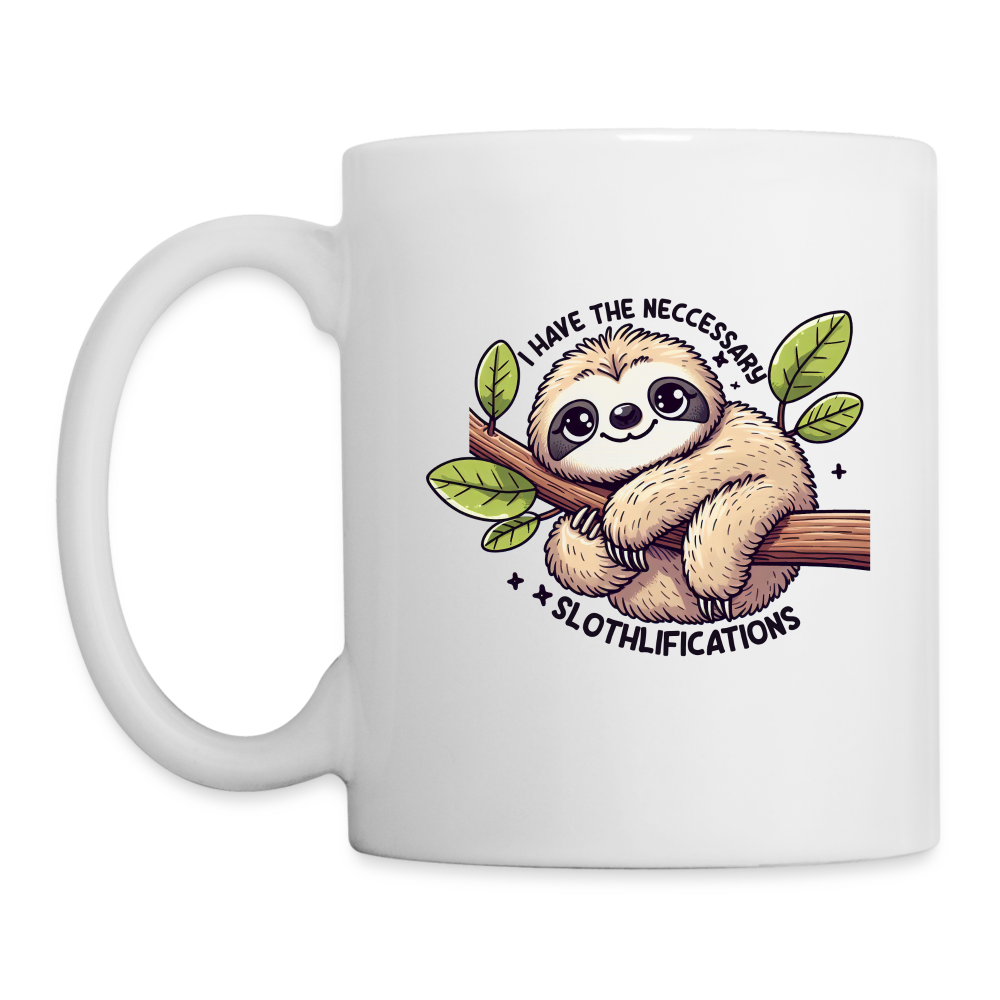 Have The Neccessary Slothlifications Coffee Mug (Cute Sloth Hugging a Tree) - white