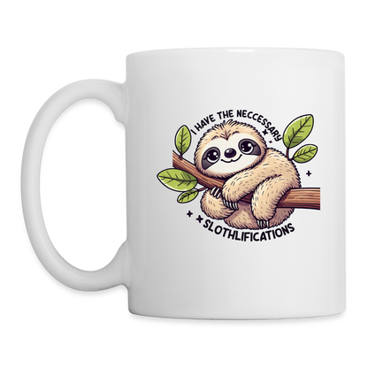 Have The Neccessary Slothlifications Coffee Mug (Cute Sloth Hugging a Tree) - white